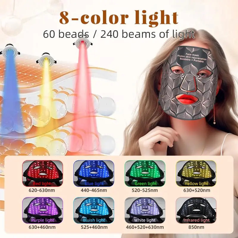 Máscara facial LED de 8 colores con luz roja para el cuello, terapia de infrarrojos cercanos, máscara de belleza, antienvejecimiento, rejuvenecimiento de la piel, lifting y blanqueamiento.