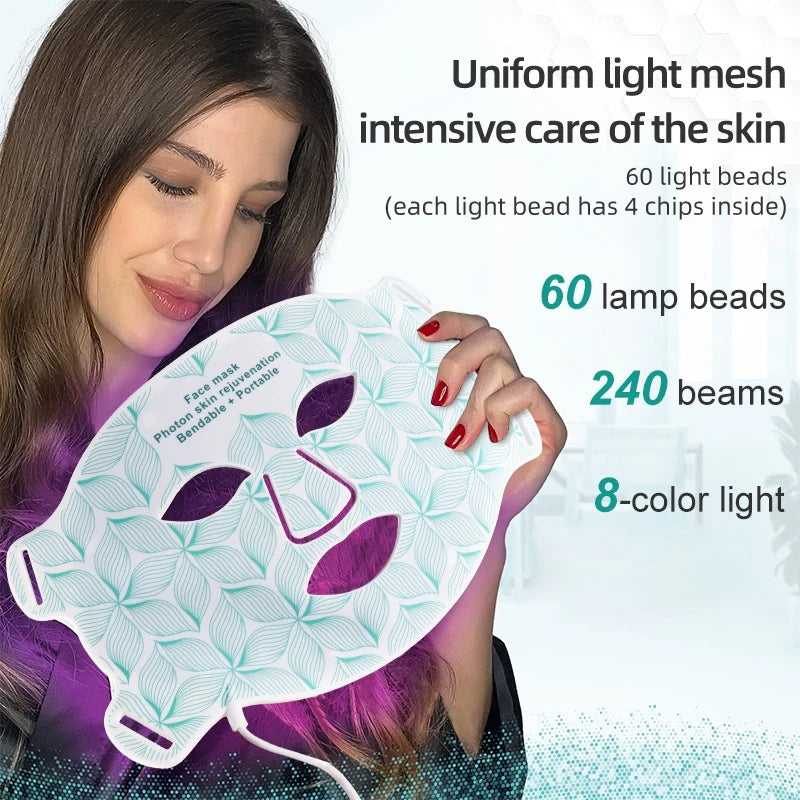 Máscara facial LED de 8 colores con luz roja para el cuello, terapia de infrarrojos cercanos, máscara de belleza, antienvejecimiento, rejuvenecimiento de la piel, lifting y blanqueamiento.