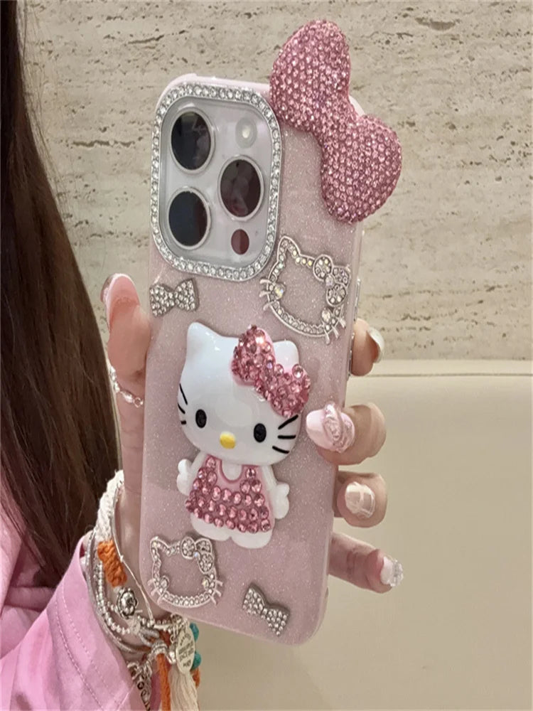 Funda de teléfono premium con lazo de Hello Kitty y diamantes de imitación, elegante accesorio para iPhone 16, 15, 14 y 13 Pro Max