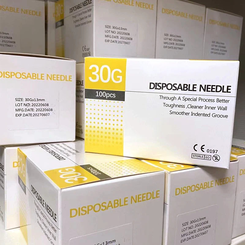 100 agujas desechables de 25 g, 27 g, 29 g, 34 g, 33 g, 32 g, 31 g y 30 g, pequeñas, superfinas, indoloras, para piercings de 1,5/4/6/13 mm.
