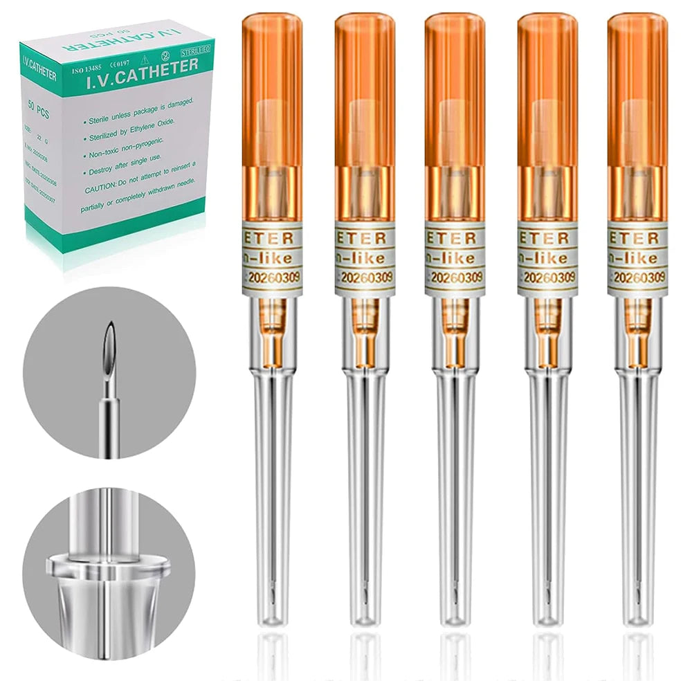 5/50 agujas para perforación de catéter IV de 14G, 16G, 18G, 20G, 22G y 24G, para perforación de oreja, nariz, ombligo y lengua.