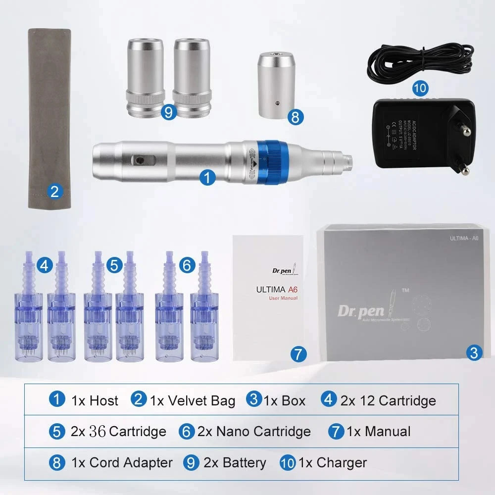 Ultima Dr Pen A6 original con 6 cartuchos, kit de herramientas eléctricas inalámbricas para el cuidado de la piel, máquina de belleza de mesoterapia automática para uso doméstico.