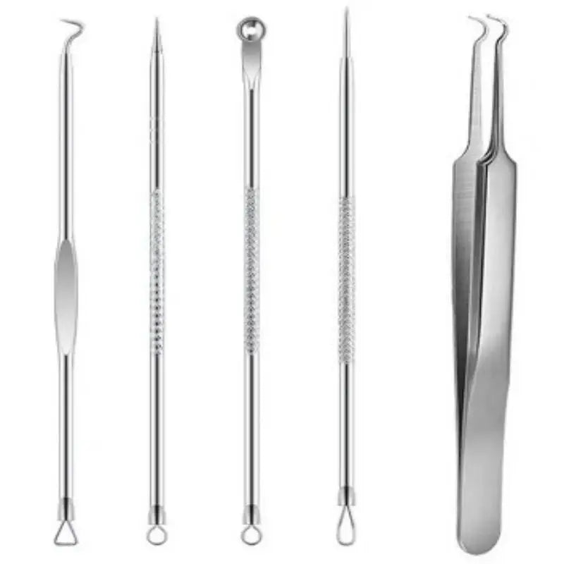 5 agujas para el acné de acero inoxidable para eliminar puntos negros, pinzas de doble punta para el acné.