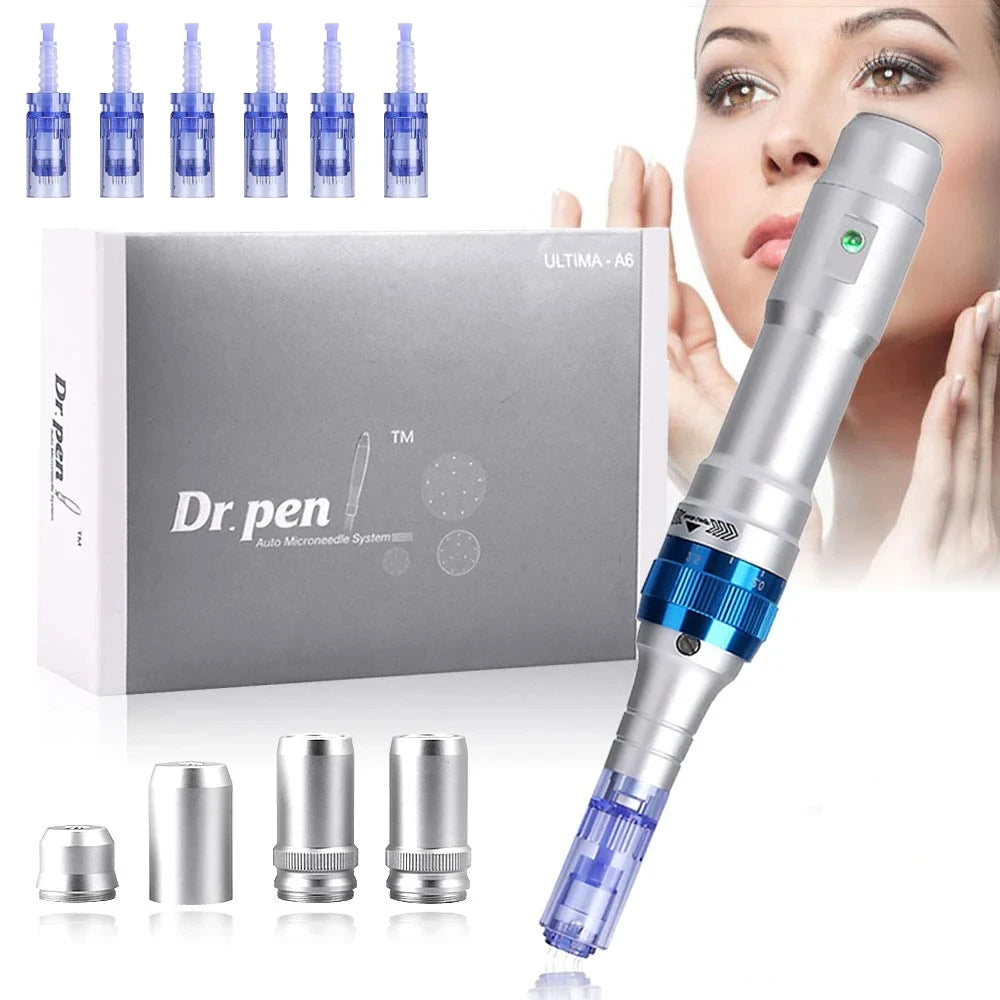 Ultima Dr Pen A6 original con 6 cartuchos, kit de herramientas eléctricas inalámbricas para el cuidado de la piel, máquina de belleza de mesoterapia automática para uso doméstico.