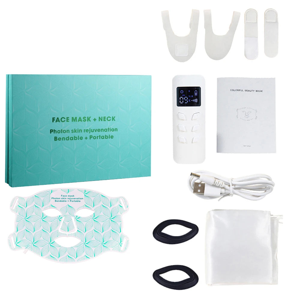 Máscara facial LED de 8 colores con luz roja para el cuello, terapia de infrarrojos cercanos, máscara de belleza, antienvejecimiento, rejuvenecimiento de la piel, lifting y blanqueamiento.