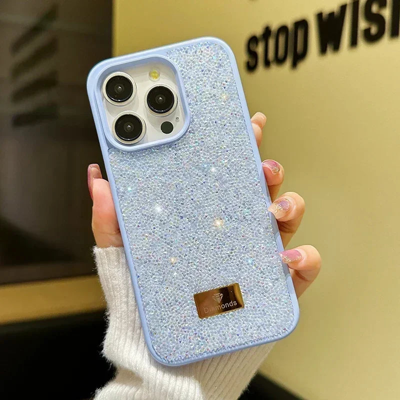 01 Elegante funda de teléfono con brillantes diamantes para iPhone 16, 15, 14, 13, 12, 11 Pro Max Plus, funda trasera a prueba de golpes para mujer