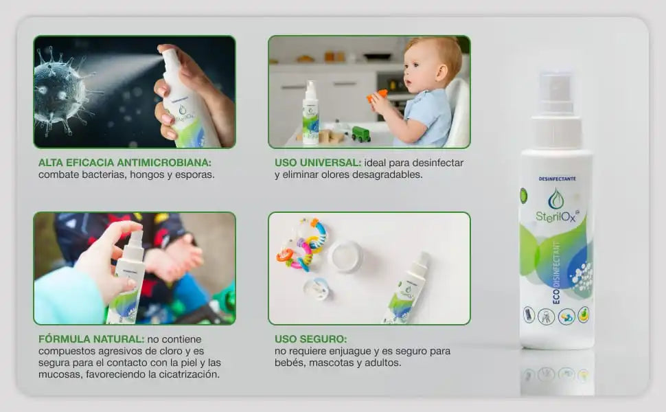 SterilOx Spray 100 ml - Desinfectante cosmético con ácido hipocloroso | Para manos, juguetes, utensilios y objetos | Seguro para niños y mascotas - Sin alcohol ni perfume