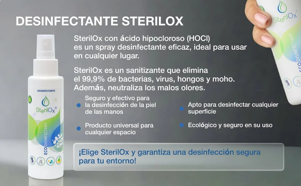 SterilOx Spray 100 ml - Desinfectante cosmético con ácido hipocloroso | Para manos, juguetes, utensilios y objetos | Seguro para niños y mascotas - Sin alcohol ni perfume