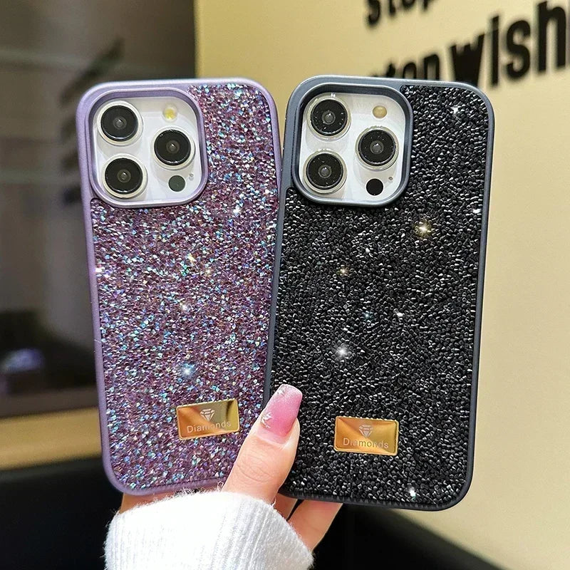 01 Elegante funda de teléfono con brillantes diamantes para iPhone 16, 15, 14, 13, 12, 11 Pro Max Plus, funda trasera a prueba de golpes para mujer