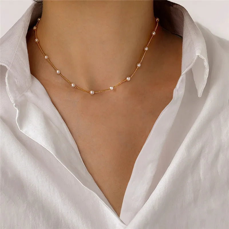 Simple Pearl Beads Chic Exquisite Necklace Gold Color Thin Chain Minimalist Charm Collar Jewelry Women