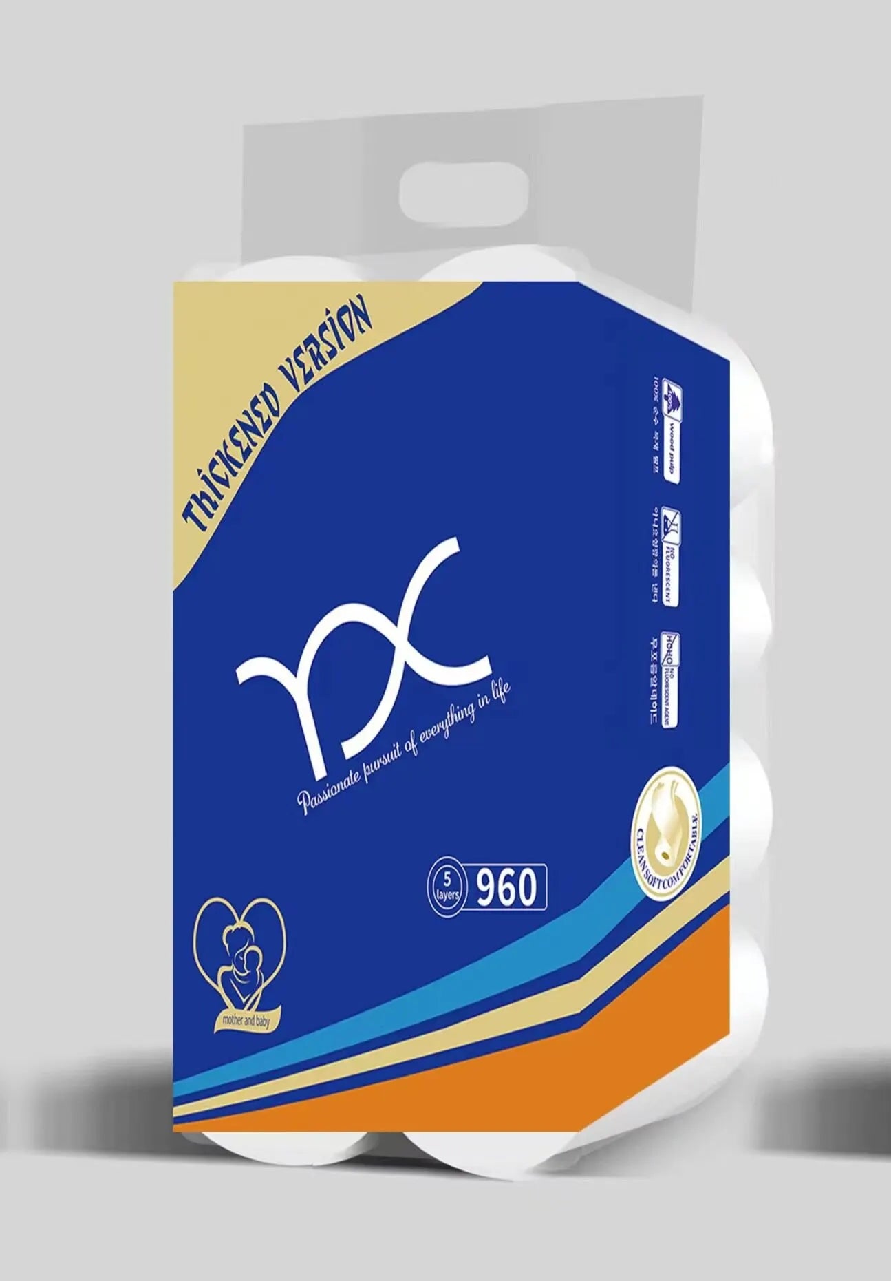 8 rollos de papel higiénico comercial para uso doméstico, paquete completo, engrosado, 5 capas de toallas de papel.