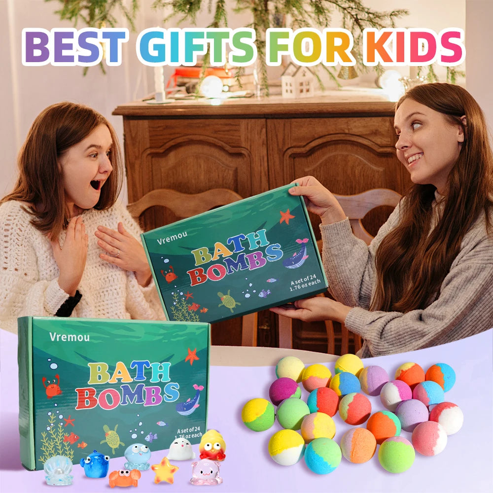 Bombas de baño para niños con sorpresa en su interior, set de regalo de 24 bombas de baño para niños, baño de burbujas natural orgánico para niños y niñas.