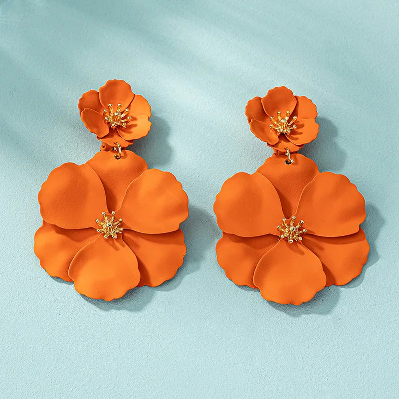 New Forest style long style temperament orange flower spray painted multi-layer creative ear clip earrings