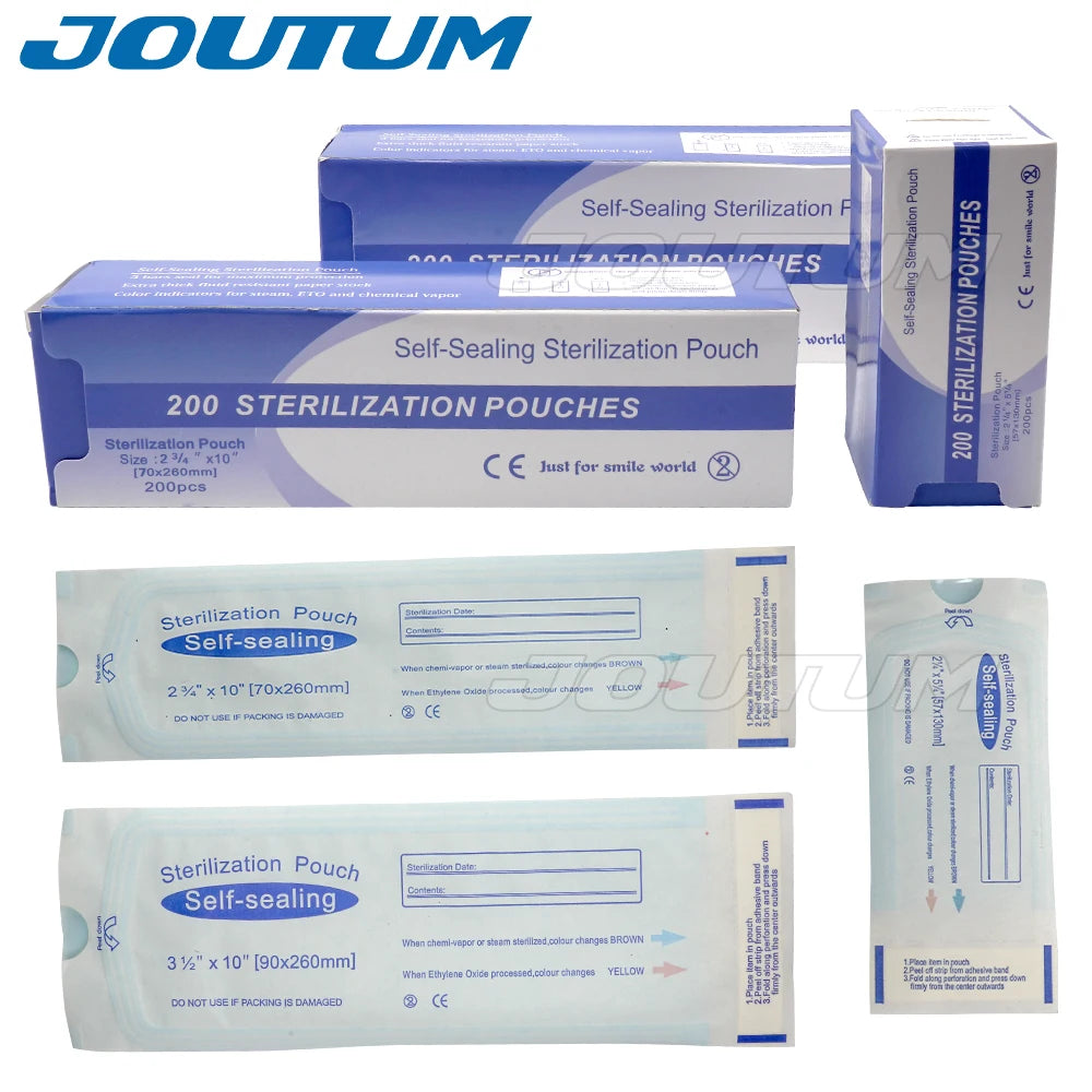 Bolsas de esterilización autosellantes para instrumental dental, consumibles clínicos y esterilizadores de autoclave, 200 unidades por paquete.