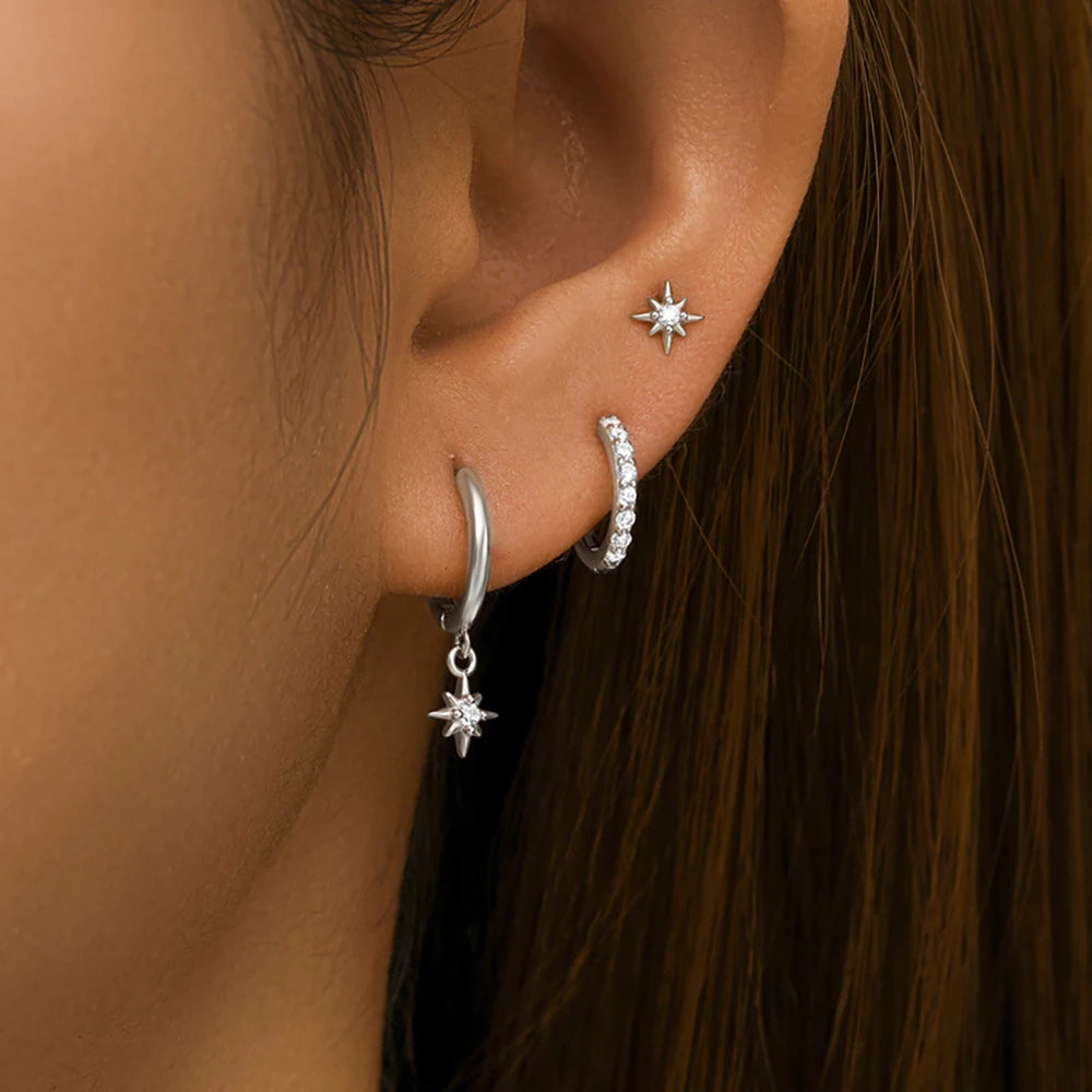 Juego de 3 pendientes de acero inoxidable con forma de estrella redonda para mujer, chapados en oro de 18 quilates, estilo punk rock unisex.