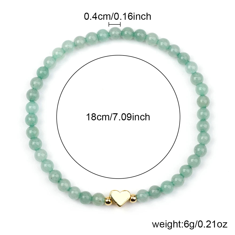Fashion 4MM Natural Stone Green Aventurine And Shell Pearl Round Beads  Brass Heart Beads Stretchable Bracelets For Women