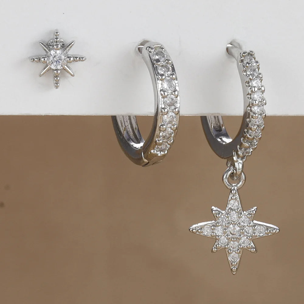 Juego de 3 pendientes de acero inoxidable con forma de estrella redonda para mujer, chapados en oro de 18 quilates, estilo punk rock unisex.