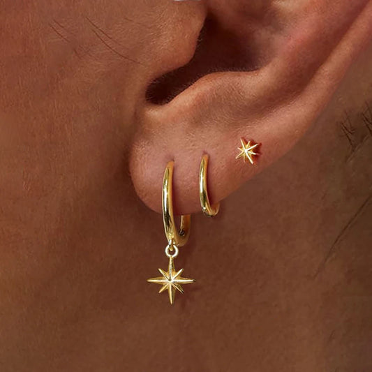 Juego de 3 pendientes de acero inoxidable con forma de estrella redonda para mujer, chapados en oro de 18 quilates, estilo punk rock unisex.