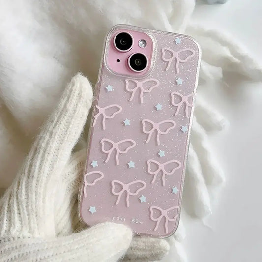 Funda de teléfono transparente con lazo rosa para iPhone 15, 14, 13, 12 Pro Max, funda de silicona suave con purpurina y estrellas