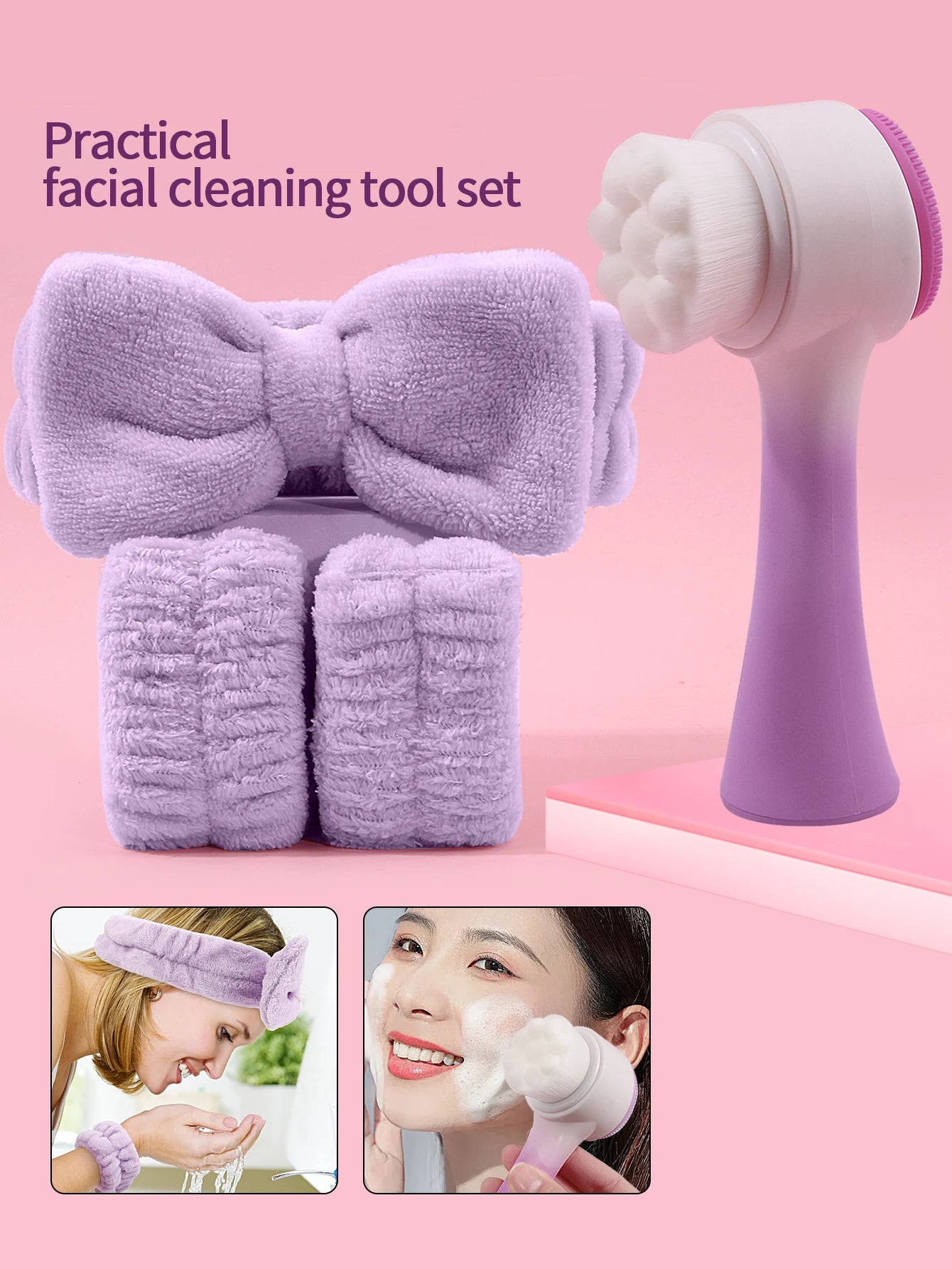 Cepillo de limpieza facial de silicona, cuidado de masajes, cepillo facial y spa, conjunto de diadema y pulsera, diadema para el cuidado de la piel