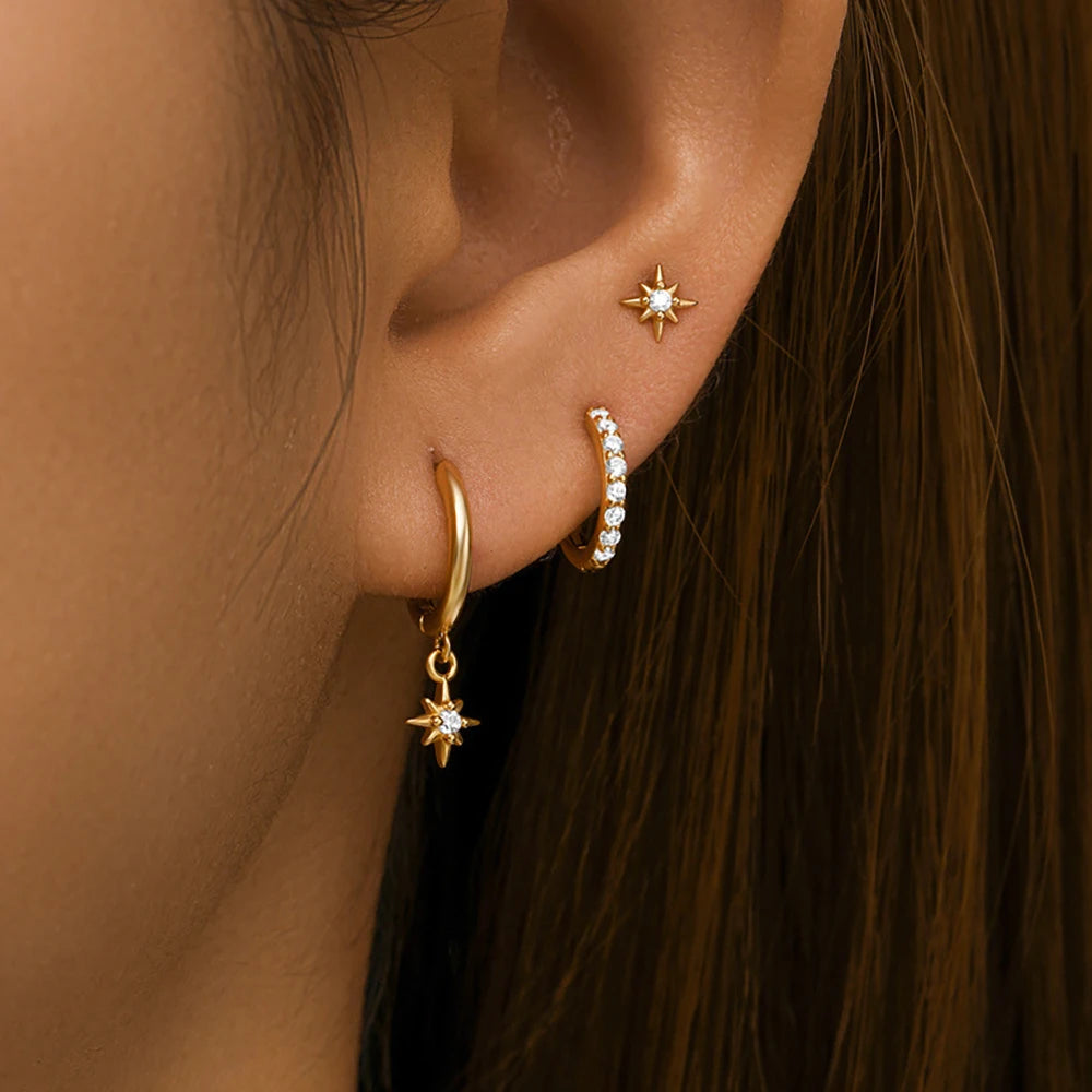 Juego de 3 pendientes de acero inoxidable con forma de estrella redonda para mujer, chapados en oro de 18 quilates, estilo punk rock unisex.
