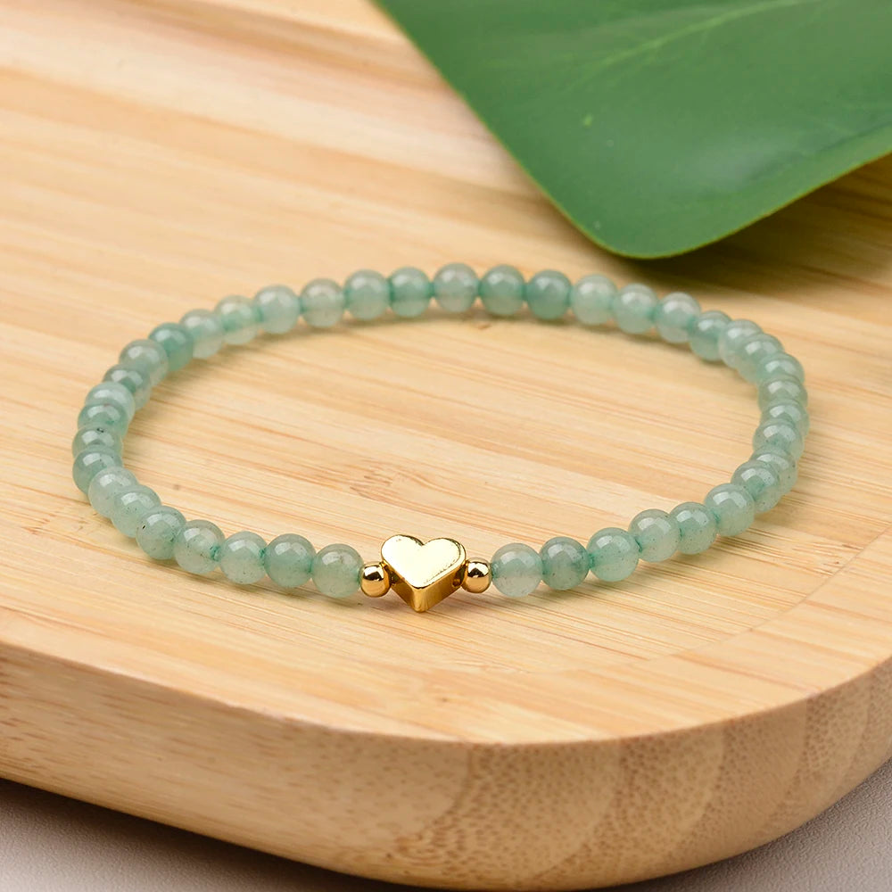 Fashion 4MM Natural Stone Green Aventurine And Shell Pearl Round Beads  Brass Heart Beads Stretchable Bracelets For Women