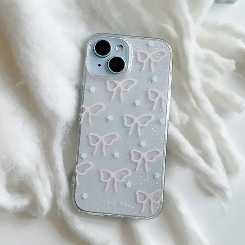 Funda de teléfono transparente con lazo rosa para iPhone 15, 14, 13, 12 Pro Max, funda de silicona suave con purpurina y estrellas