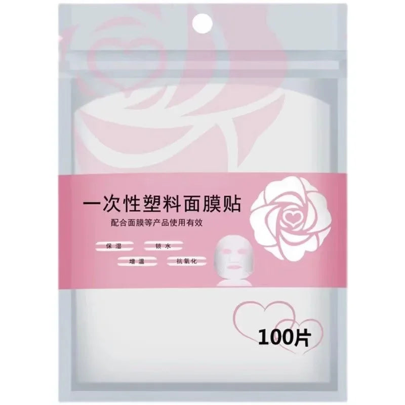100 unidades de mascarillas desechables transparentes para el rostro, envoltura de plástico, limpiador facial completo, pegatinas para el cuello, herramientas de maquillaje y belleza facial.