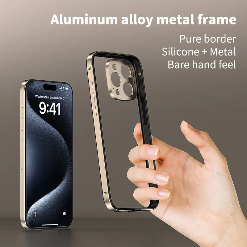 Funda de teléfono con marco de silicona híbrido y aluminio metálico para iPhone 16, 15, 14 y 13 Pro Max, protección para cámara y protección contra el calor.
