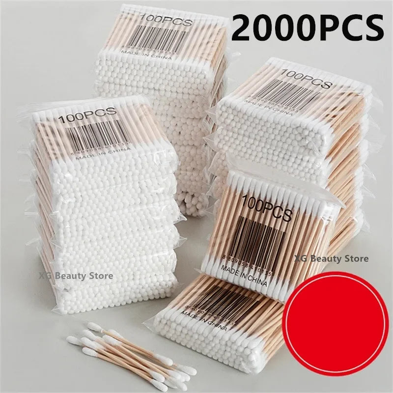 100/200/1000 piezas de hisopos de algodón de doble punta, removedor de maquillaje de oídos, palo de madera, removedor de maquillaje de oídos.