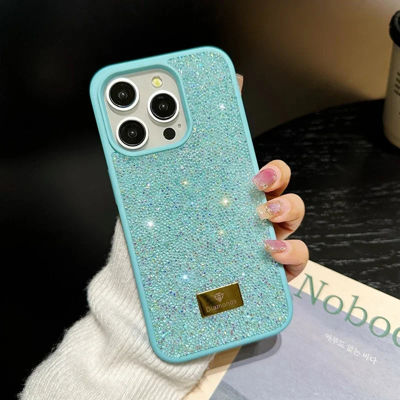 01 Elegante funda de teléfono con brillantes diamantes para iPhone 16, 15, 14, 13, 12, 11 Pro Max Plus, funda trasera a prueba de golpes para mujer