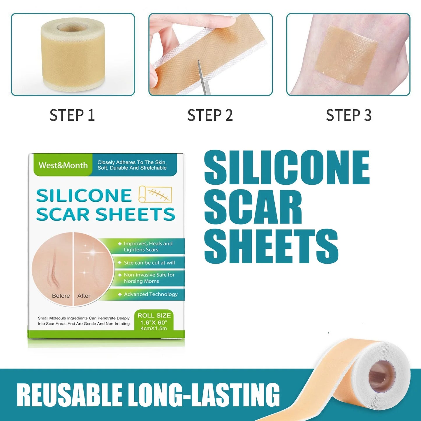 2 rollos/paquete (1 rollo = 4 cm x 1,5 m) Láminas de silicona para cicatrices, cinta autoadhesiva para cubrir cicatrices, tiras reutilizables y efectivas para el cuidado de la piel