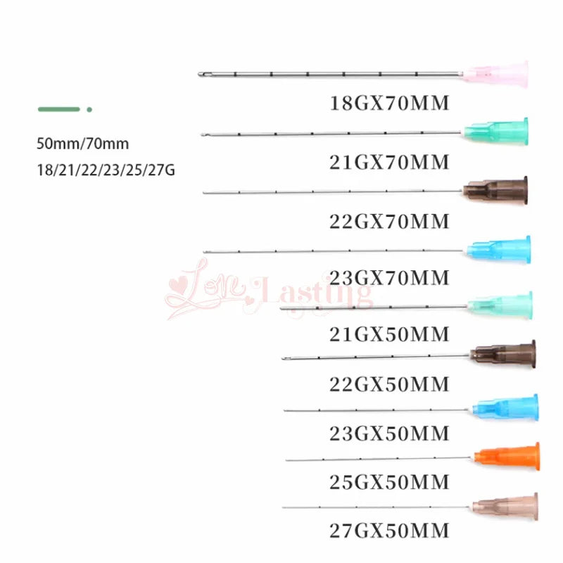 Cánulas romas para inyección de relleno de ácido úrico (14G, 18G, 20G, 21G, 22G, 23G, 25G, 27G y 30G) para nariz.