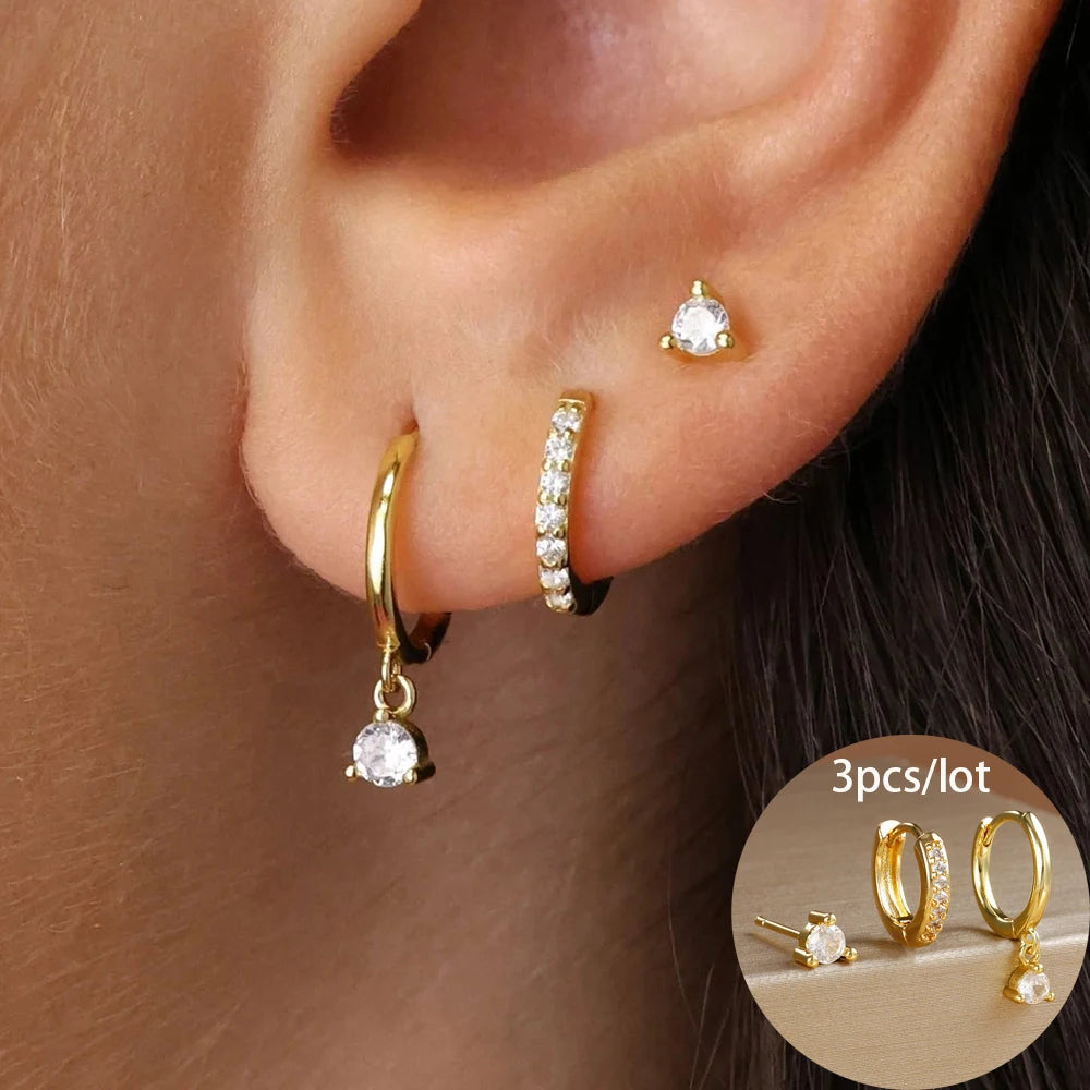 Juego de 3 pendientes de acero inoxidable con forma de estrella redonda para mujer, chapados en oro de 18 quilates, estilo punk rock unisex.
