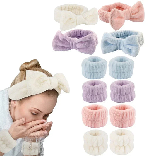 Juego de 2-3 diademas y muñequeras de spa con diseño de punto, toalla de maquillaje adecuada para lavarse la cara, maquillarse, ducharse y herramientas para el cuidado de la piel.