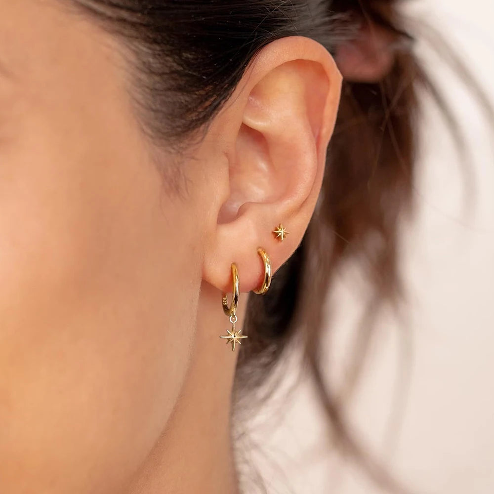 Juego de 3 pendientes de acero inoxidable con forma de estrella redonda para mujer, chapados en oro de 18 quilates, estilo punk rock unisex.