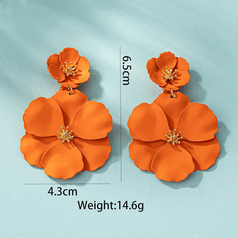 New Forest style long style temperament orange flower spray painted multi-layer creative ear clip earrings