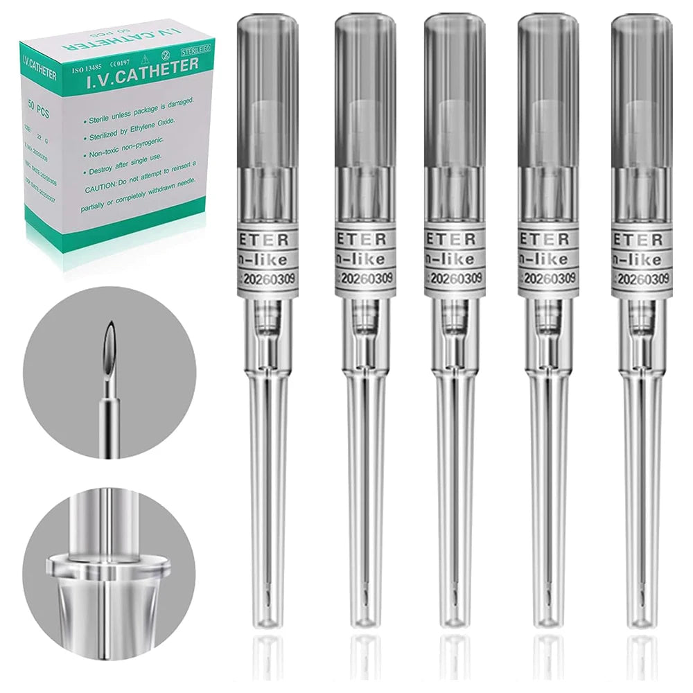 5/50 agujas para perforación de catéter IV de 14G, 16G, 18G, 20G, 22G y 24G, para perforación de oreja, nariz, ombligo y lengua.