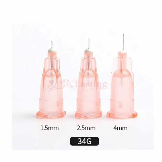 100 unidades/caja de agujas para tatuaje de 34 g, 1,5 mm, 2,5 mm, 4 mm y 8 mm, jeringa transparente para inyección, indolora, para irrigador dental pequeño.