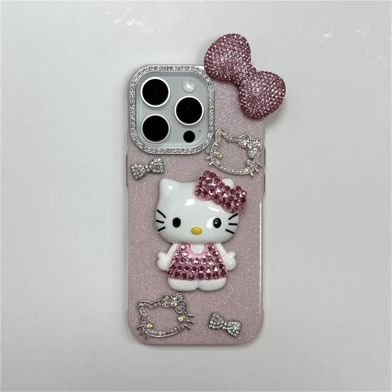 Funda de teléfono premium con lazo de Hello Kitty y diamantes de imitación, elegante accesorio para iPhone 16, 15, 14 y 13 Pro Max