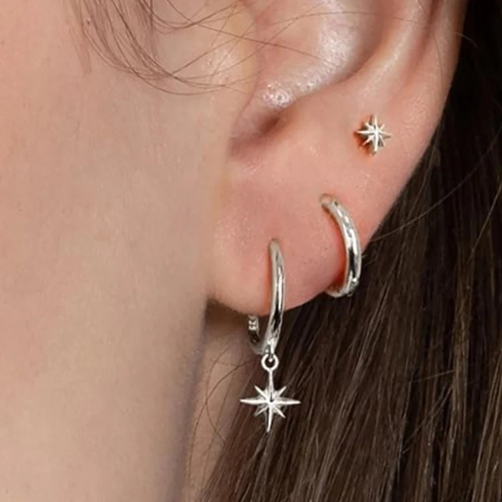 Juego de 3 pendientes de acero inoxidable con forma de estrella redonda para mujer, chapados en oro de 18 quilates, estilo punk rock unisex.