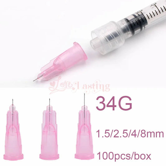 100 unidades/caja de agujas para tatuaje de 34 g, 1,5 mm, 2,5 mm, 4 mm y 8 mm, jeringa transparente para inyección, indolora, para irrigador dental pequeño.