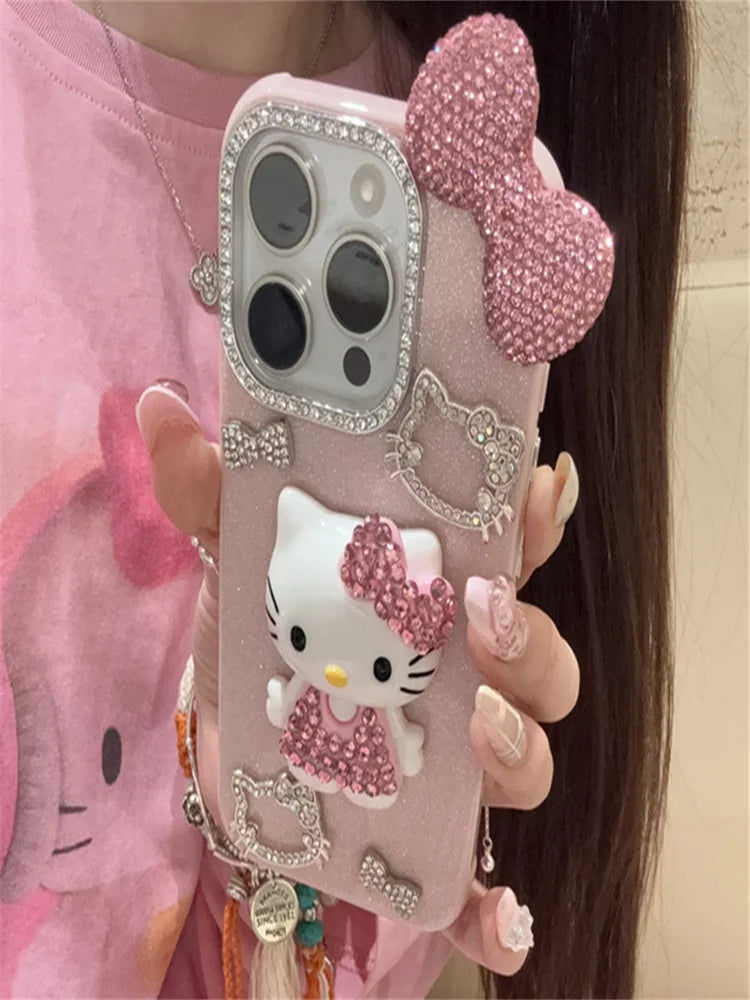 Funda de teléfono premium con lazo de Hello Kitty y diamantes de imitación, elegante accesorio para iPhone 16, 15, 14 y 13 Pro Max