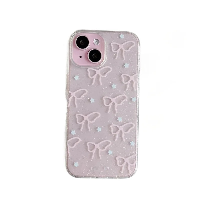 Funda de teléfono transparente con lazo rosa para iPhone 15, 14, 13, 12 Pro Max, funda de silicona suave con purpurina y estrellas
