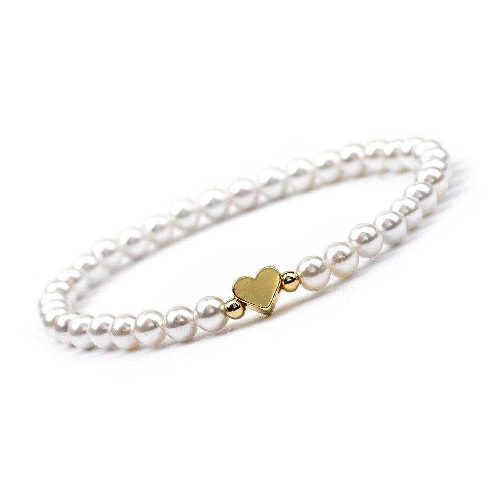 Fashion 4MM Natural Stone Green Aventurine And Shell Pearl Round Beads  Brass Heart Beads Stretchable Bracelets For Women