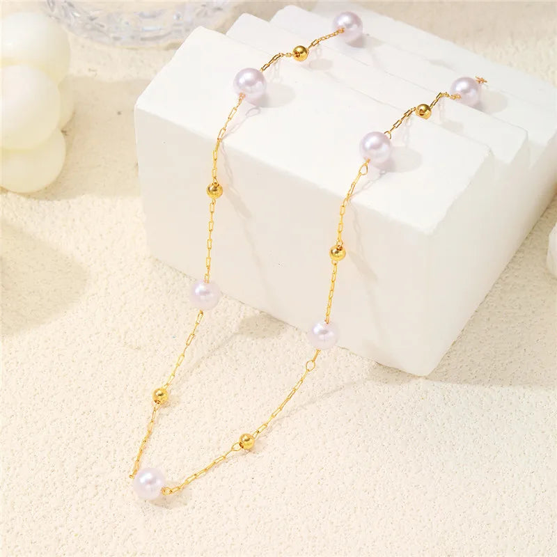 Simple Pearl Beads Chic Exquisite Necklace Gold Color Thin Chain Minimalist Charm Collar Jewelry Women