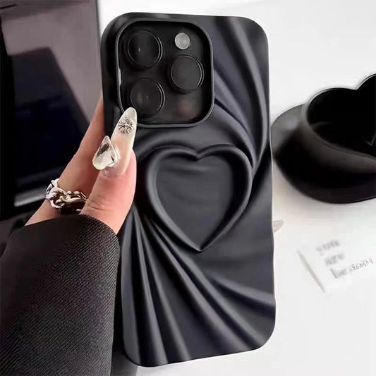 Funda de teléfono con diseño de corazón 3D, plegable y arrugado, para iPhone 13, 14, 15 Pro Max, 16 Plus, 11, 12 Pro Max, silicona mate suave y completa.