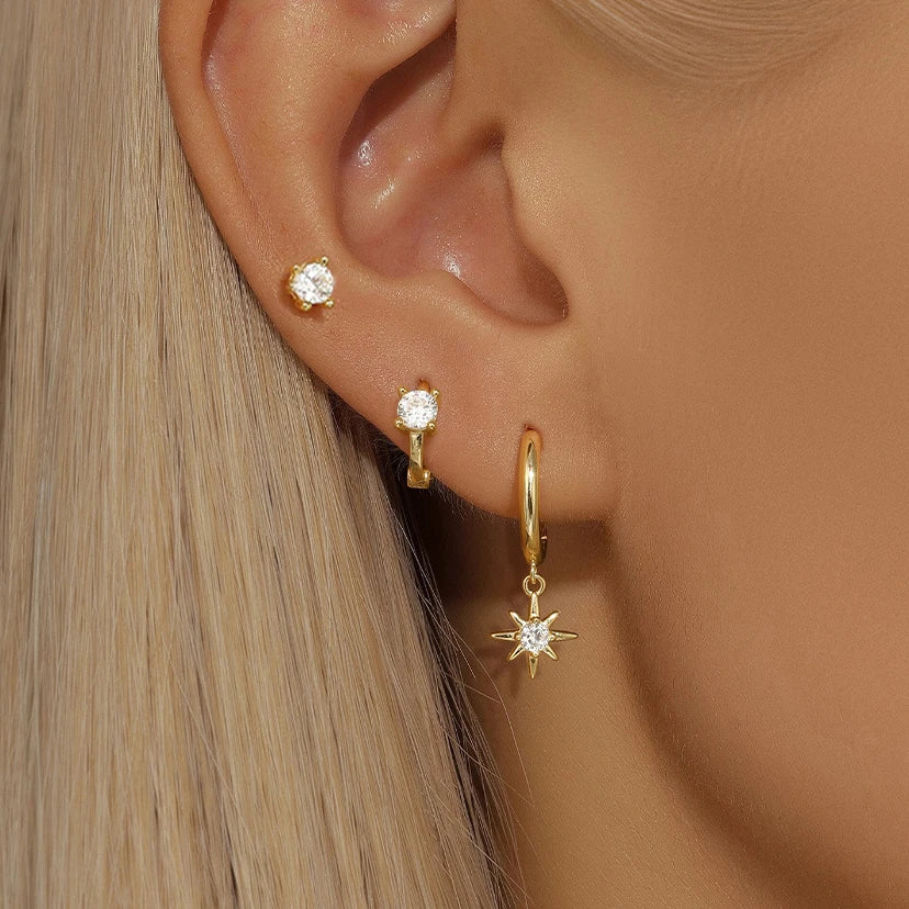 Juego de 3 pendientes de acero inoxidable con forma de estrella redonda para mujer, chapados en oro de 18 quilates, estilo punk rock unisex.