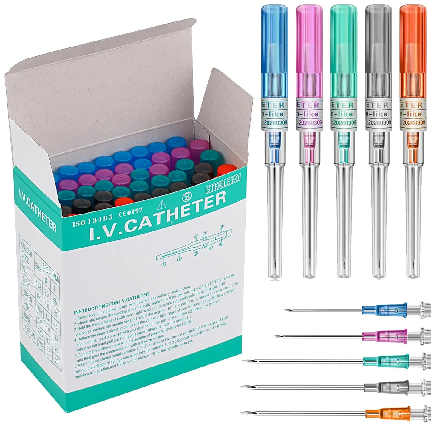 5/50 agujas para perforación de catéter IV de 14G, 16G, 18G, 20G, 22G y 24G, para perforación de oreja, nariz, ombligo y lengua.
