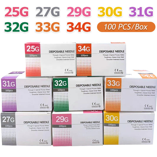 100 agujas desechables de 25 g, 27 g, 29 g, 34 g, 33 g, 32 g, 31 g y 30 g, pequeñas, superfinas, indoloras, para piercings de 1,5/4/6/13 mm.